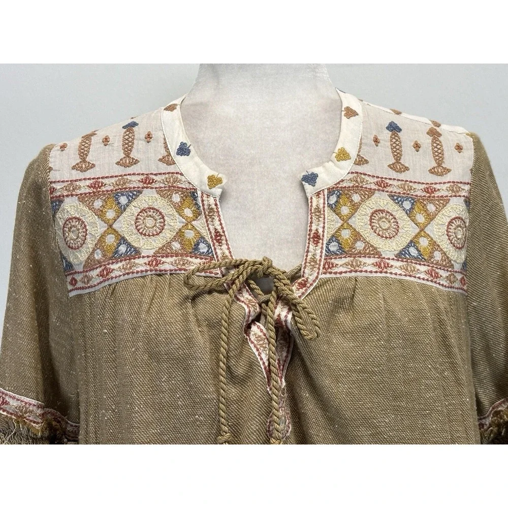 Free People Sahara San Shift Dress Sz Medium Boho Embroidered Long Sleeve Tan